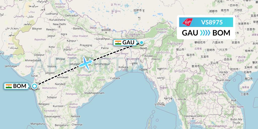 VS8975 Virgin Atlantic Airways Flight Map: Guwahati to Mumbai