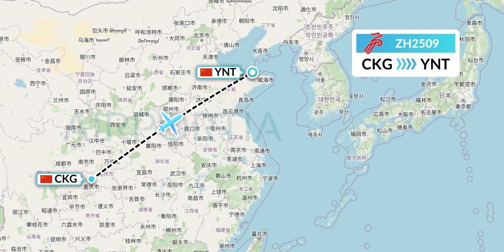 ZH2509 Shenzhen Airlines Flight Map: Chongqing to Yantai