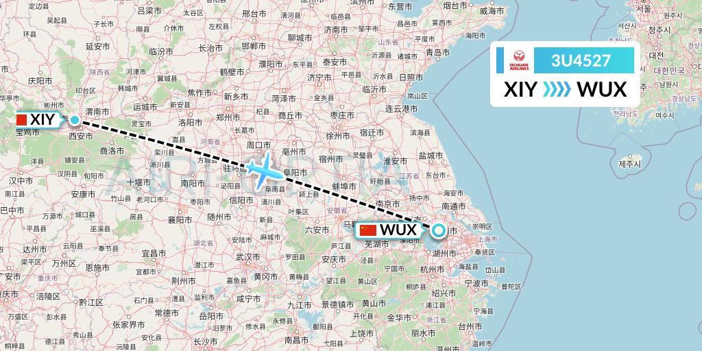 3U4527 Sichuan Airlines Flight Map: Xi'an to Wuxi