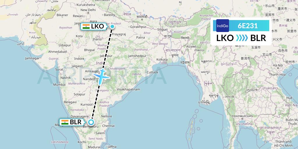 6E231 IndiGo Airlines Flight Map: Lucknow to Bangalore