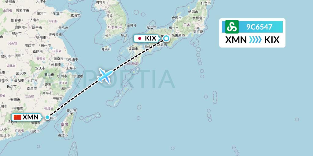 9C6547 Spring Airlines Flight Map: Xiamen to Osaka
