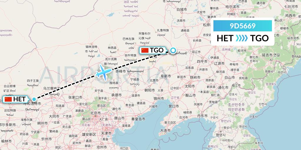 9D5669 Genghis Khan Airlines Flight Map: Hohhot to Tongliao
