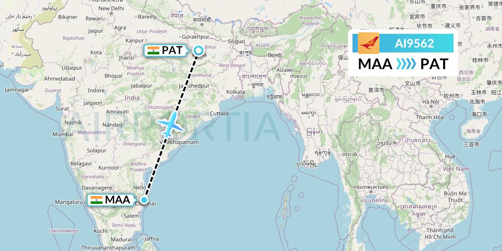 AI9562 Air India Flight Map: Chennai to Patna