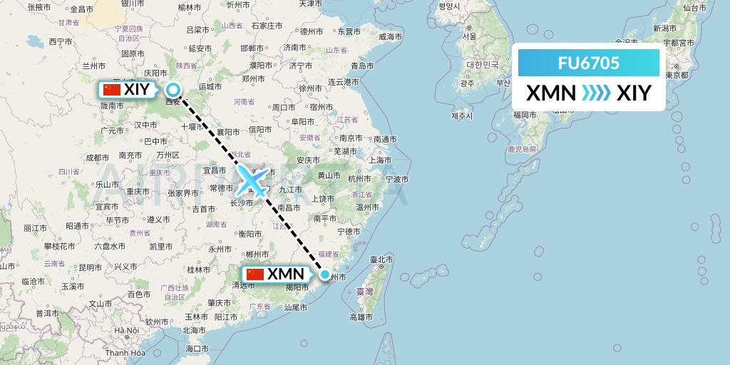 FU6705 Fuzhou Airlines Flight Map: Xiamen to Xi'an
