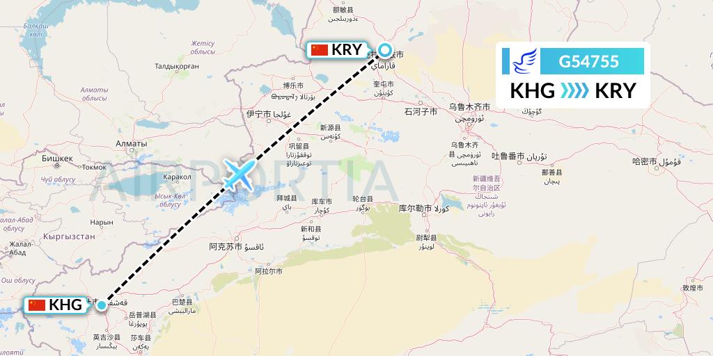 G54755 China Express Airlines Flight Map: Kashgar to Karamay