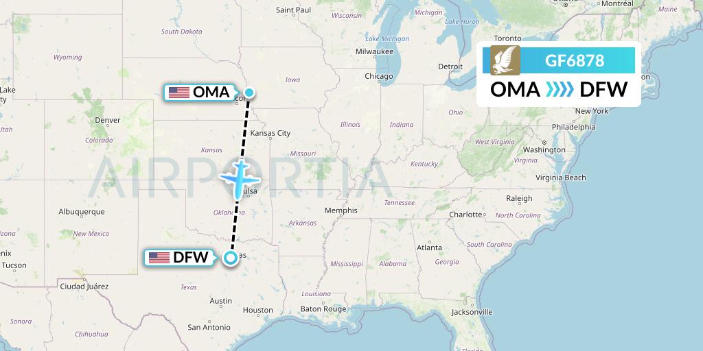 GF6878 Gulf Air Flight Map: Omaha to Dallas