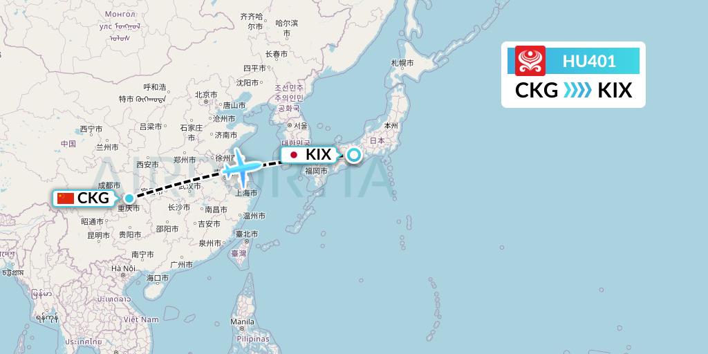 HU401 Hainan Airlines Flight Map: Chongqing to Osaka