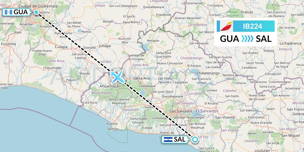 IB224 Iberia Flight Map: Guatemala City to San Salvador