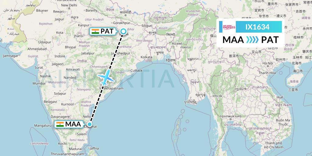 IX1634 Air India Express Flight Map: Chennai to Patna