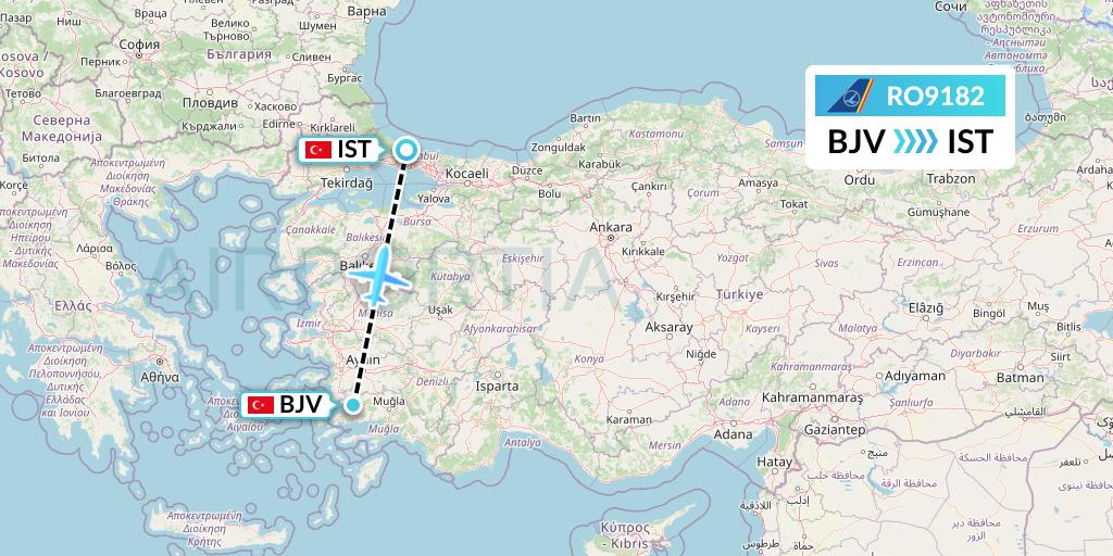 RO9182 Tarom Flight Map: Bodrum to Istanbul