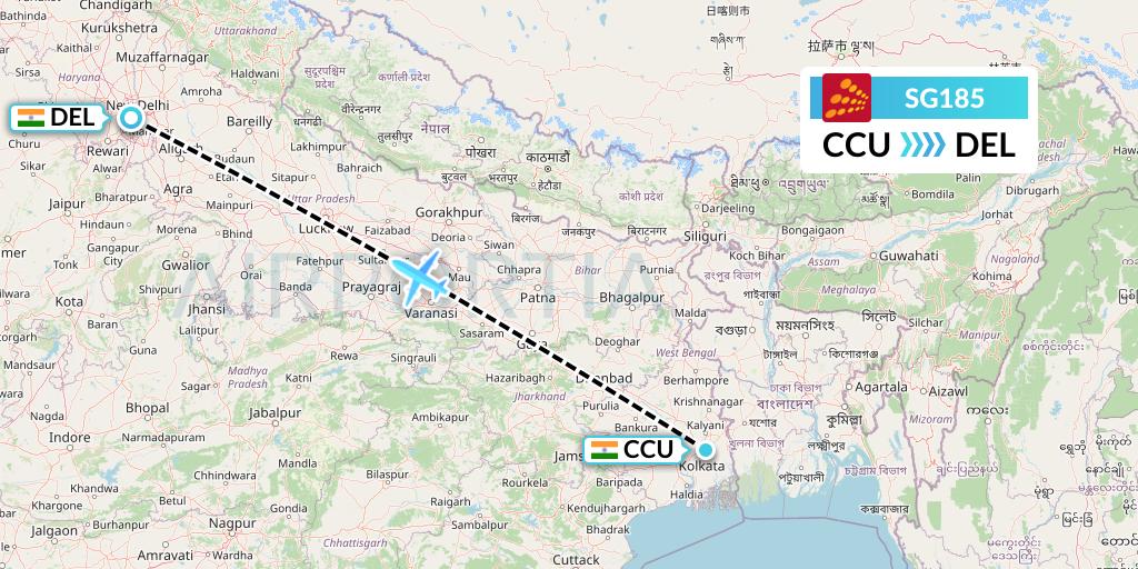 SG185 SpiceJet Flight Map: Kolkata to Delhi
