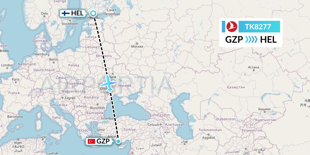 TK8277 Turkish Airlines Flight Map: Gazipasa to Helsinki