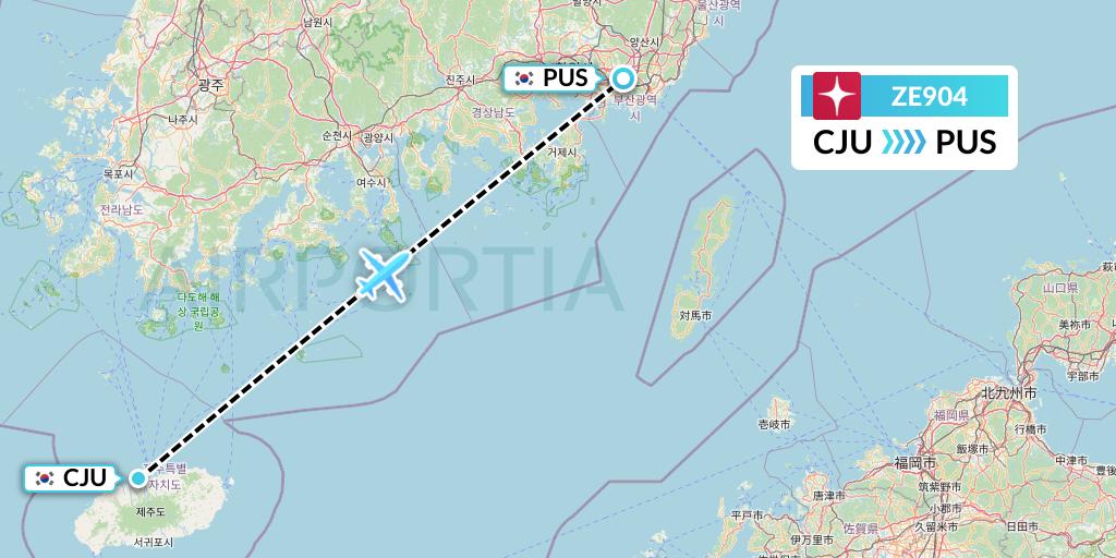 ZE904 Eastar Jet Flight Map: Jeju to Busan