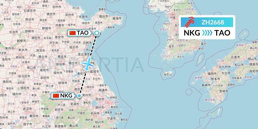 ZH2668 Shenzhen Airlines Flight Map: Nanjing to Qingdao