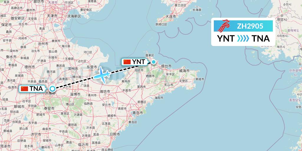 ZH2905 Shenzhen Airlines Flight Map: Yantai to Jinan