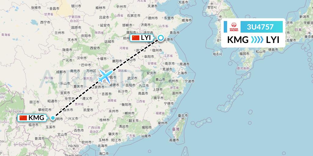 3U4757 Sichuan Airlines Flight Map: Kunming to Linyi