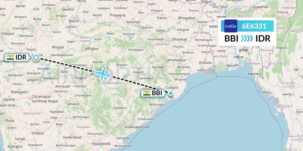 6E6331 IndiGo Airlines Flight Map: Bhubaneswar to Indore
