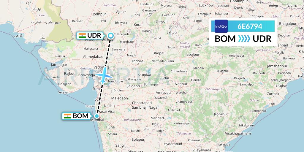 6E6794 IndiGo Airlines Flight Map: Mumbai to Udaipur