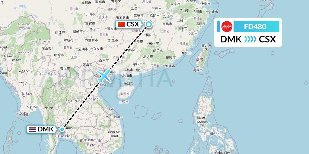 FD480 Thai AirAsia Flight Map: Bangkok to Changsha