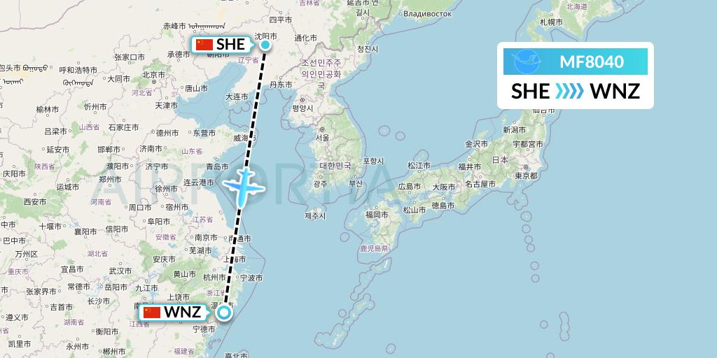 MF8040 Xiamen Airlines Flight Map: Shenyang to Wenzhou