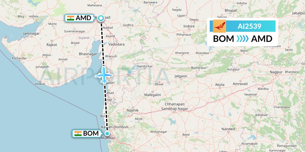 AI2539 Air India Flight Map: Mumbai to Ahmedabad