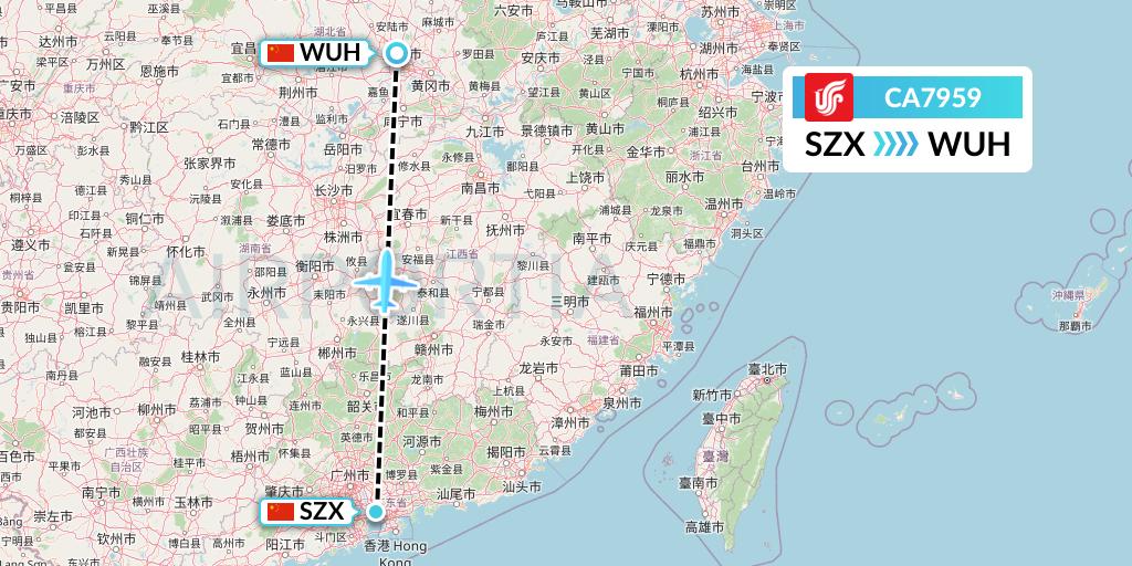 CA7959 Air China Flight Map: Shenzhen to Wuhan