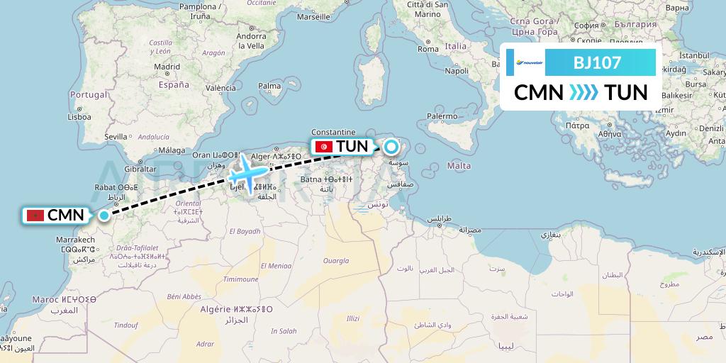 BJ107 Nouvelair Tunisie Flight Map: Casablanca to Tunis