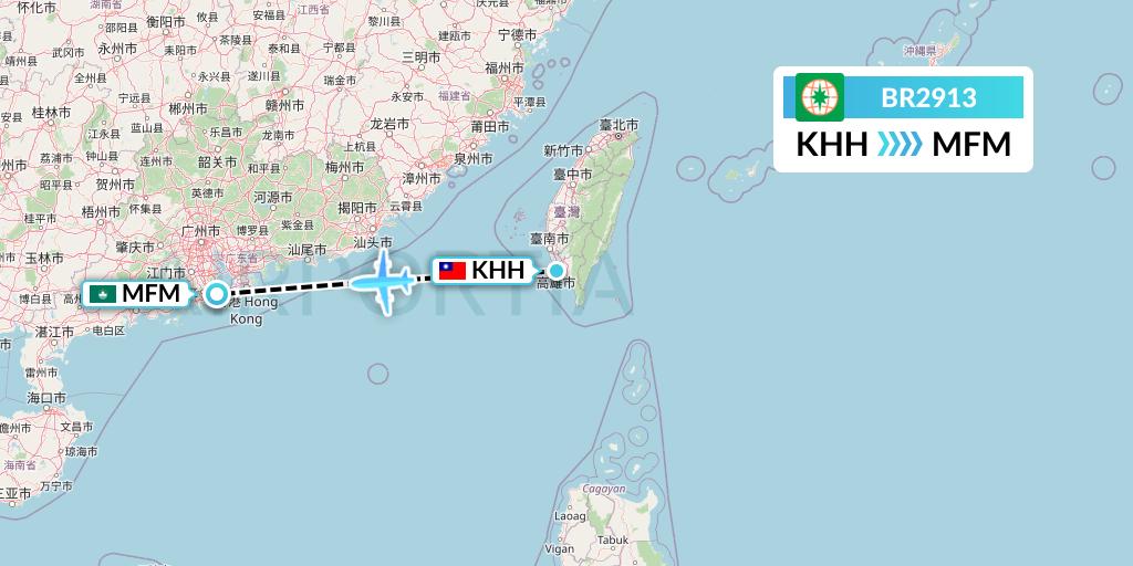 BR2913 EVA Air Flight Map: Kaohsiung to Macau