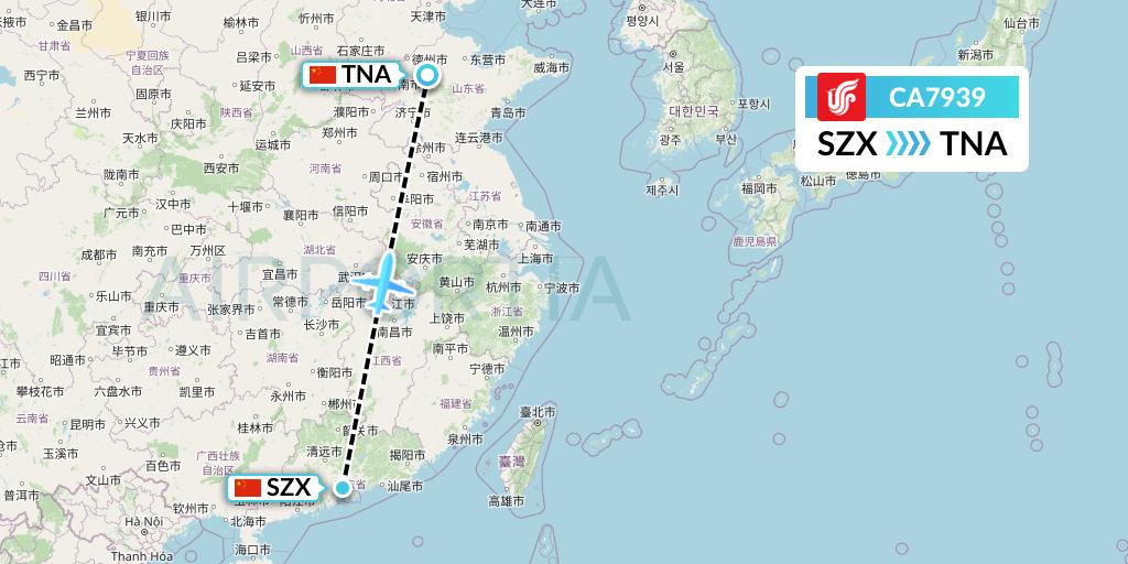 CA7939 Air China Flight Map: Shenzhen to Jinan