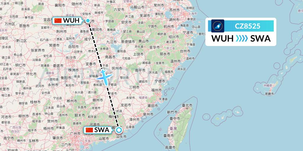 CZ8525 China Southern Airlines Flight Map: Wuhan to Jieyang