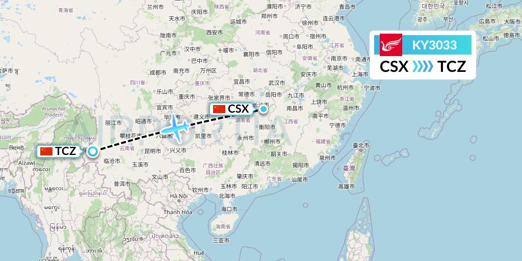 KY3033 Kunming Airlines Flight Map: Changsha to Tengchong