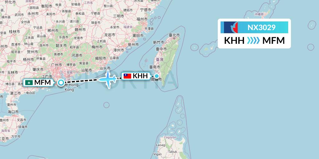 NX3029 Air Macau Flight Map: Kaohsiung to Macau