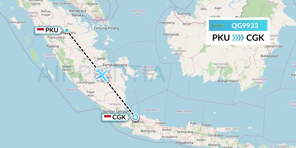 QG9933 Citilink Flight Map: Pekanbaru to Jakarta