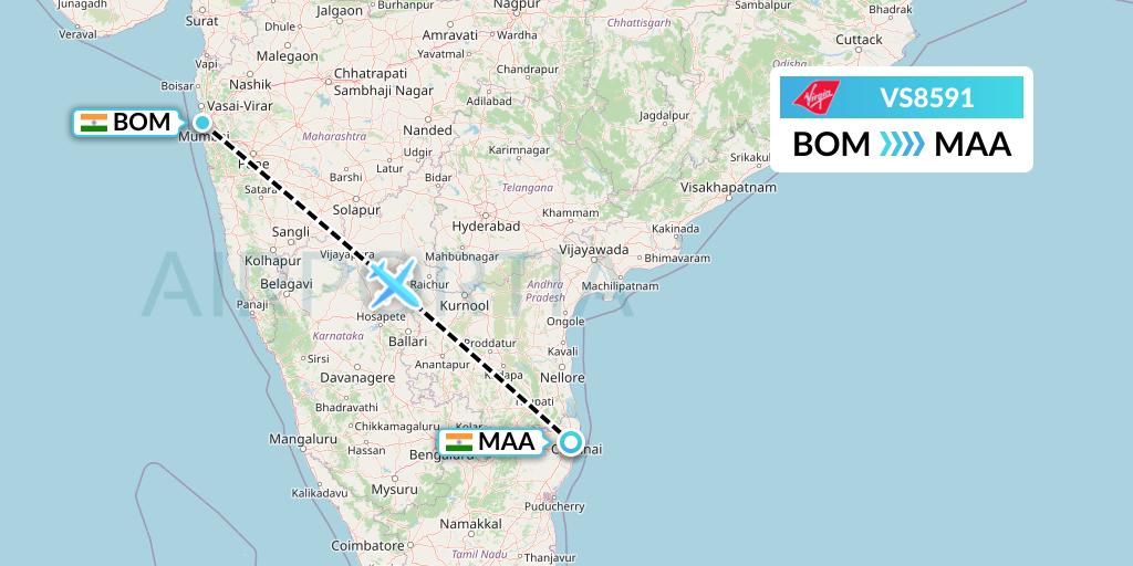VS8591 Virgin Atlantic Airways Flight Map: Mumbai to Chennai