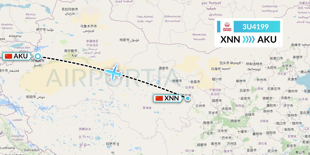 3U4199 Sichuan Airlines Flight Map: Xining to Aksu