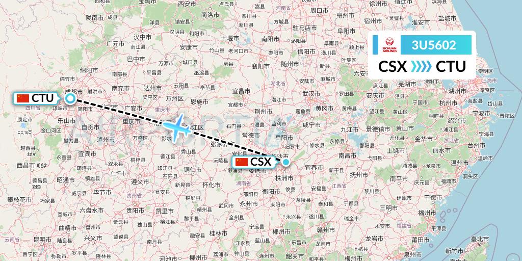 3U5602 Sichuan Airlines Flight Map: Changsha to Chengdu
