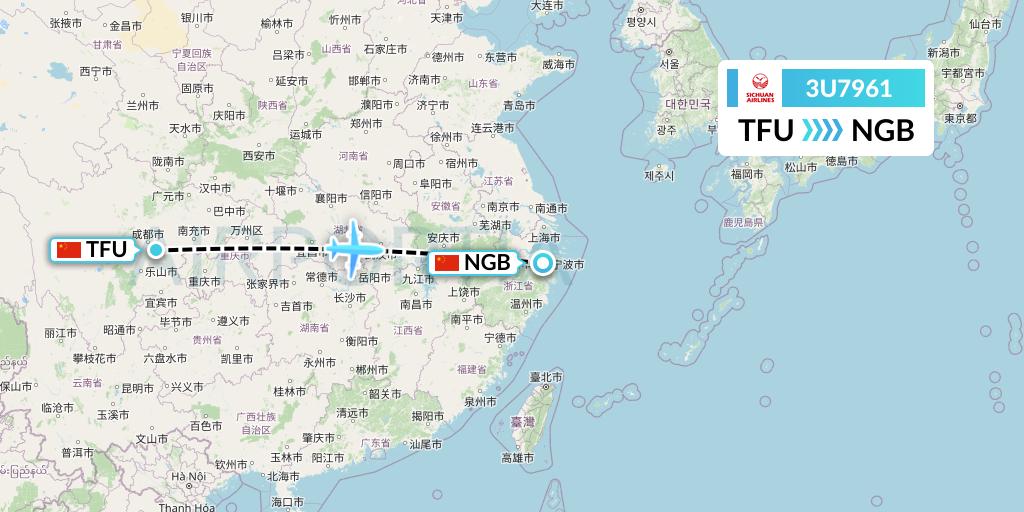 3U7961 Sichuan Airlines Flight Map: Chengdu to Ningbo