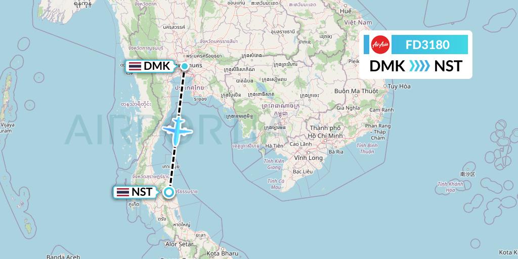 FD3180 Thai AirAsia Flight Map: Bangkok to Nakhon Si Thammarat