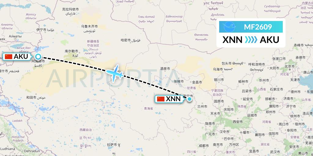 MF2609 Xiamen Airlines Flight Map: Xining to Aksu