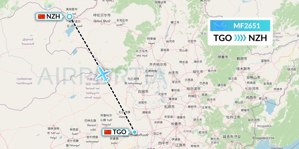 MF2651 Xiamen Airlines Flight Map: Tongliao to Manzhouli