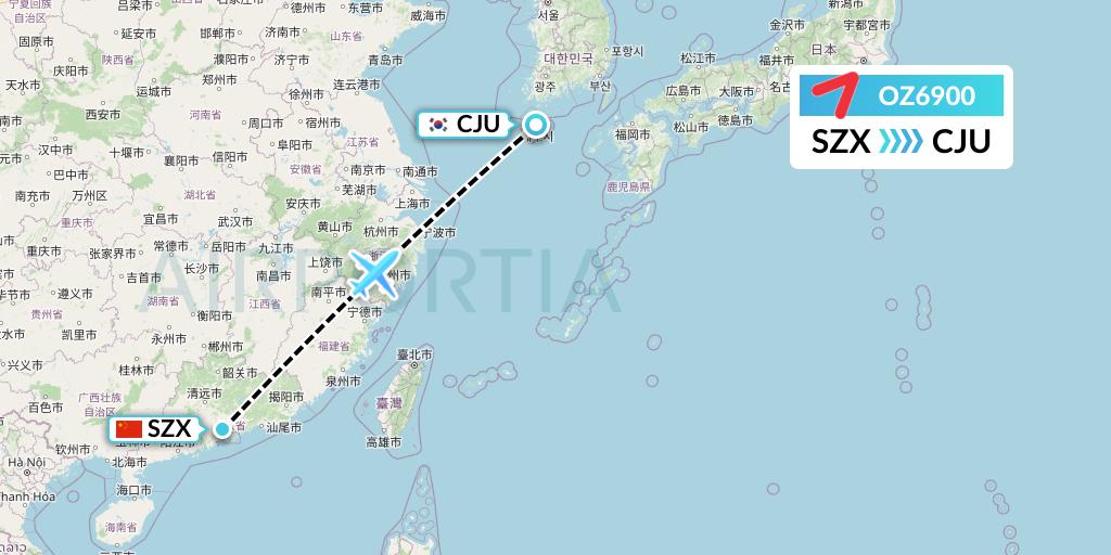 OZ6900 Asiana Airlines Flight Map: Shenzhen to Jeju
