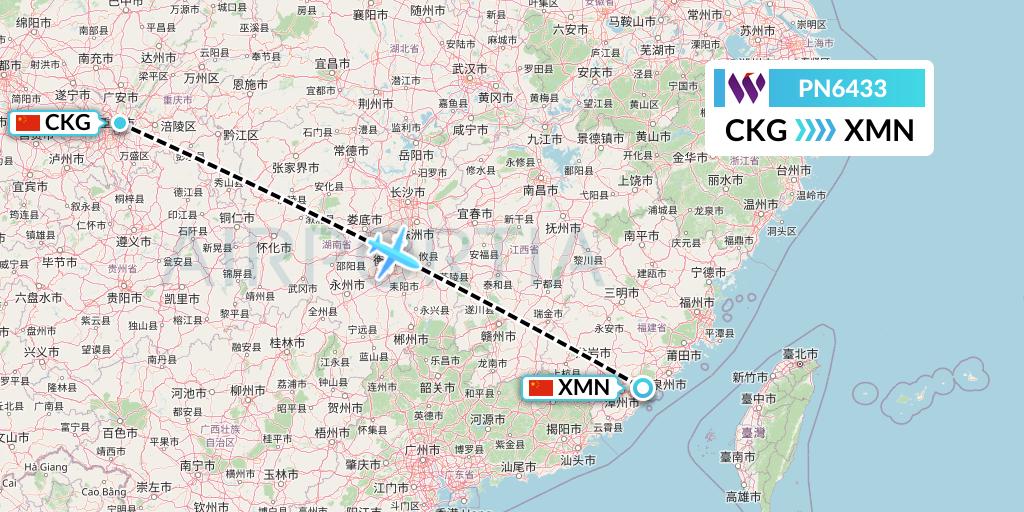 PN6433 China West Air Flight Map: Chongqing to Xiamen