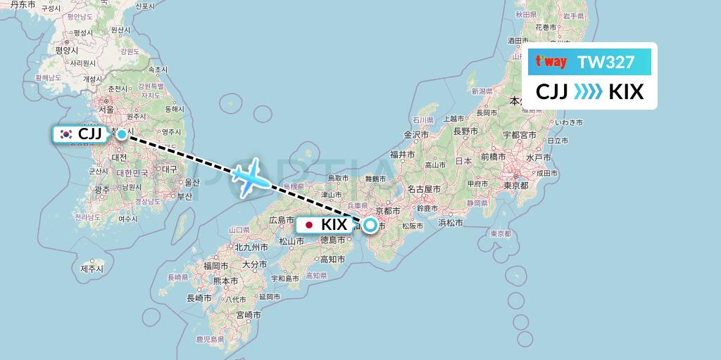 TW327 T'way Air Flight Map: Cheongju to Osaka
