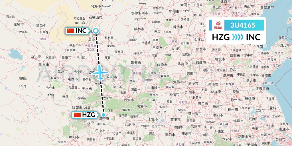 3U4165 Sichuan Airlines Flight Map: Hanzhong to Yinchuan