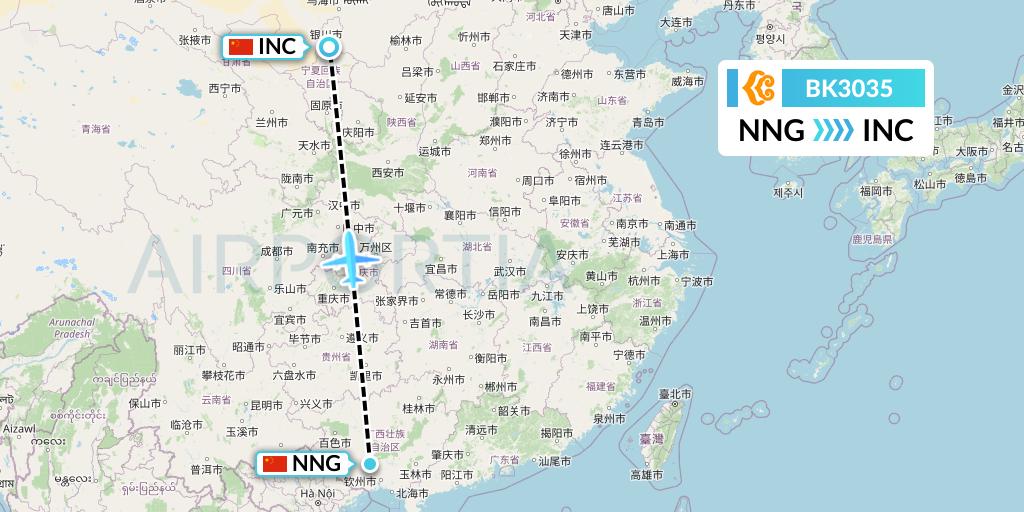 BK3035 Okay Airways Flight Map: Nanning to Yinchuan