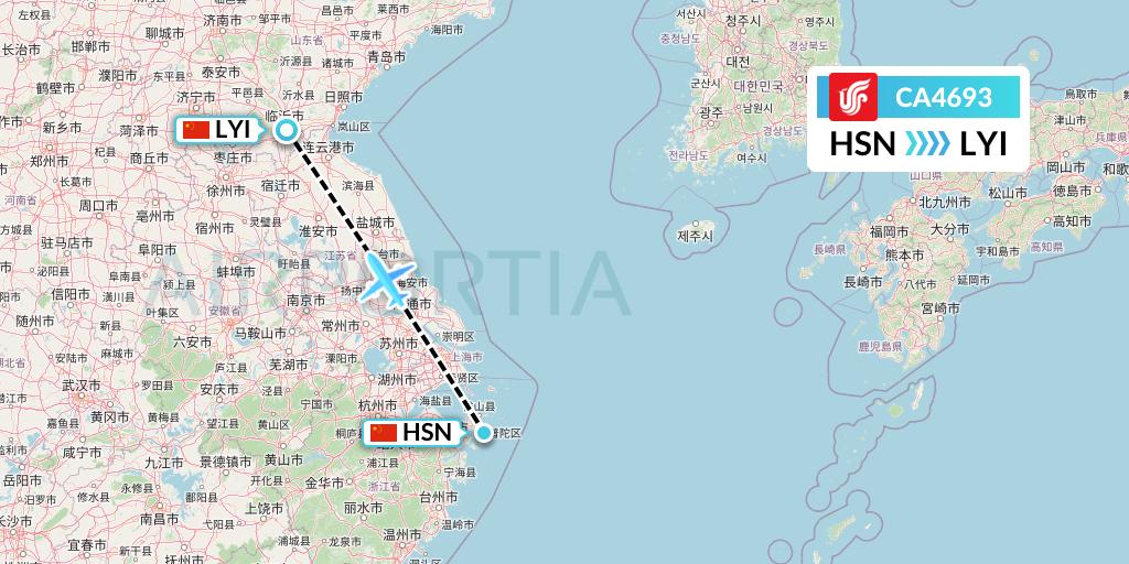 CA4693 Air China Flight Map: Zhoushan to Linyi