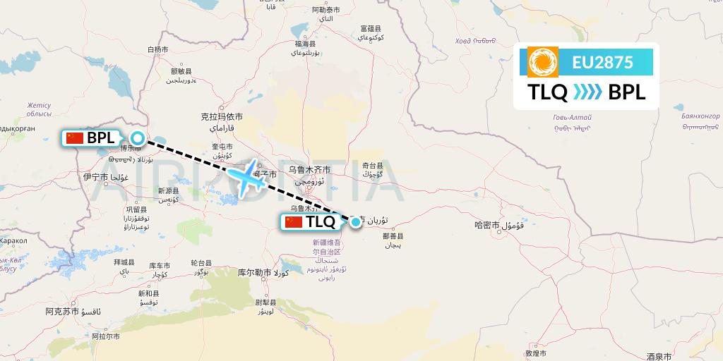 EU2875 Chengdu Airlines Flight Map: Turpan to Bole