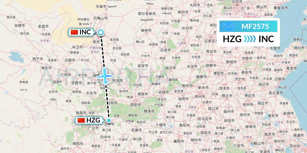 MF2575 Xiamen Airlines Flight Map: Hanzhong to Yinchuan