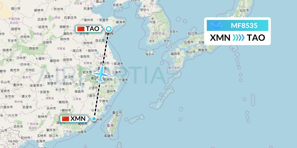 MF8535 Xiamen Airlines Flight Map: Xiamen to Qingdao