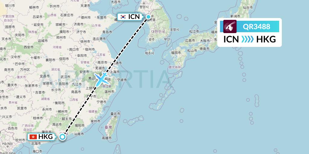 QR3488 Qatar Airways Flight Map: Seoul to Hong Kong